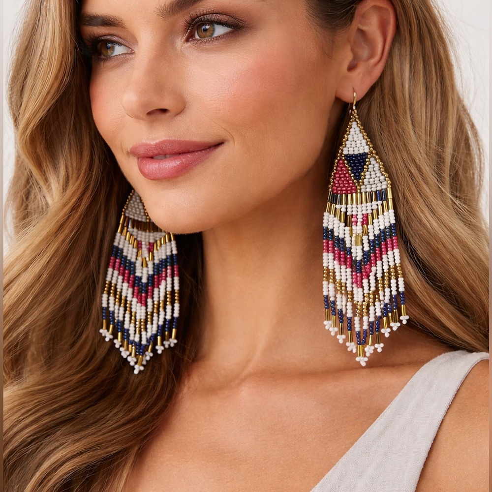 Kay Lee New York | Handmade Beaded Fringe Earrings - Boho Statement -Western NWT